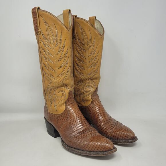 VTG Dan Post Boots Mens 7.5A Brown Lizard Leather Western Cowboy Exotic 80s USA - Picture 1 of 13